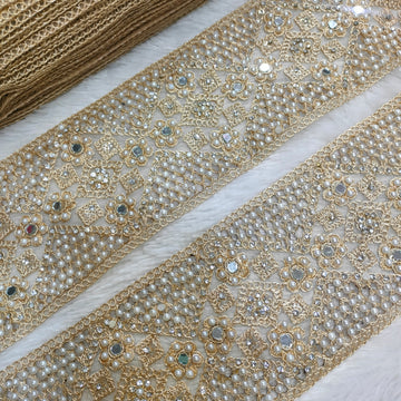 Ivory Gold Pearl Embroidered Lace Border with Geometric & Floral Stone Work for Bridal Wear