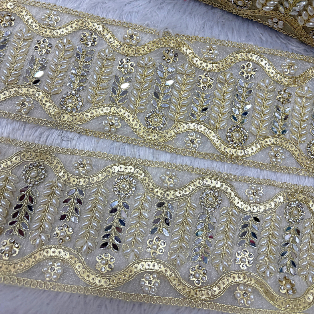 Handcrafted Pearl and Mirror Work Lace Border with Scalloped Floral Vine Design
