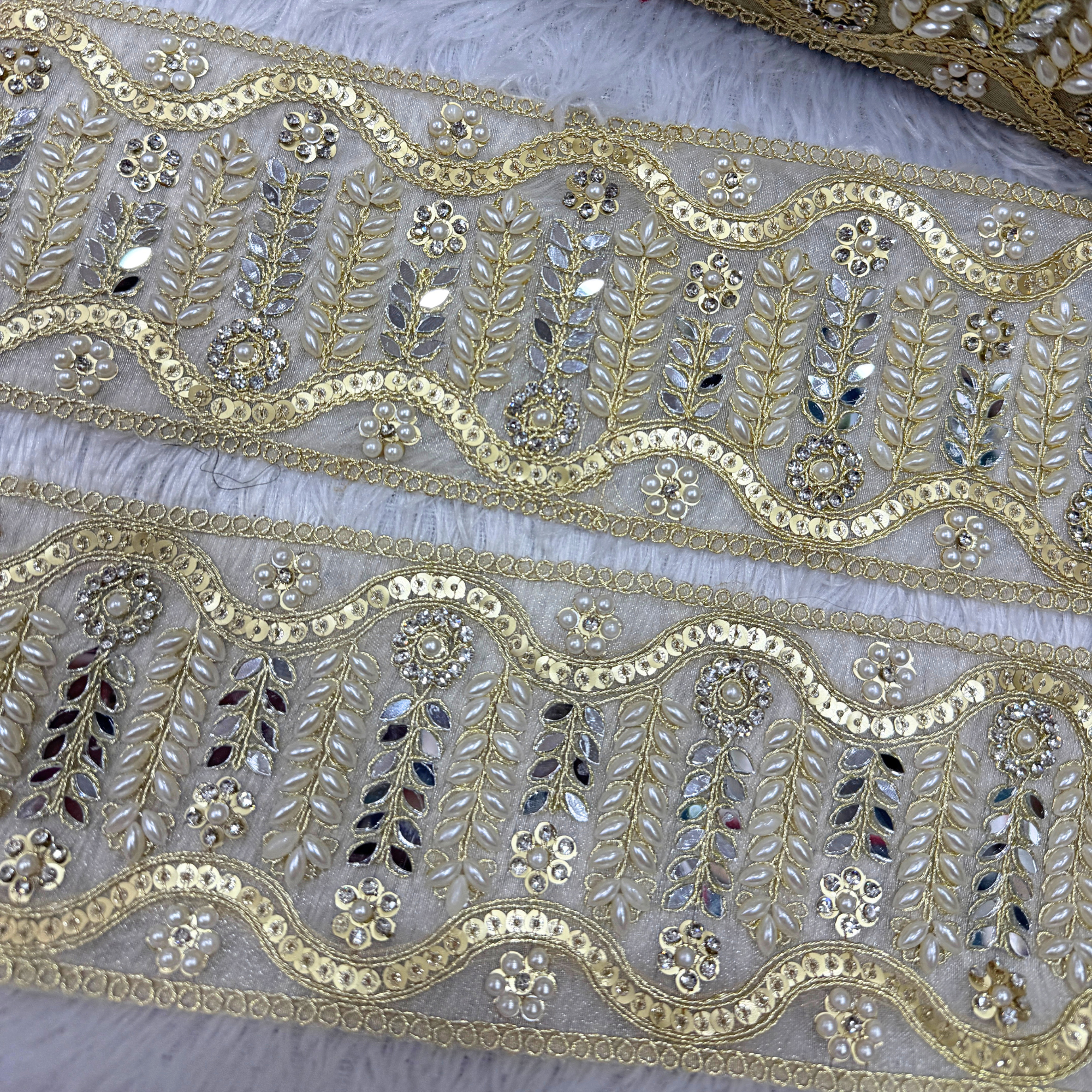 Ivory Gold Pearl Lace Border with Wavy Sequin & Leaf Embroidery for Bridal Wear