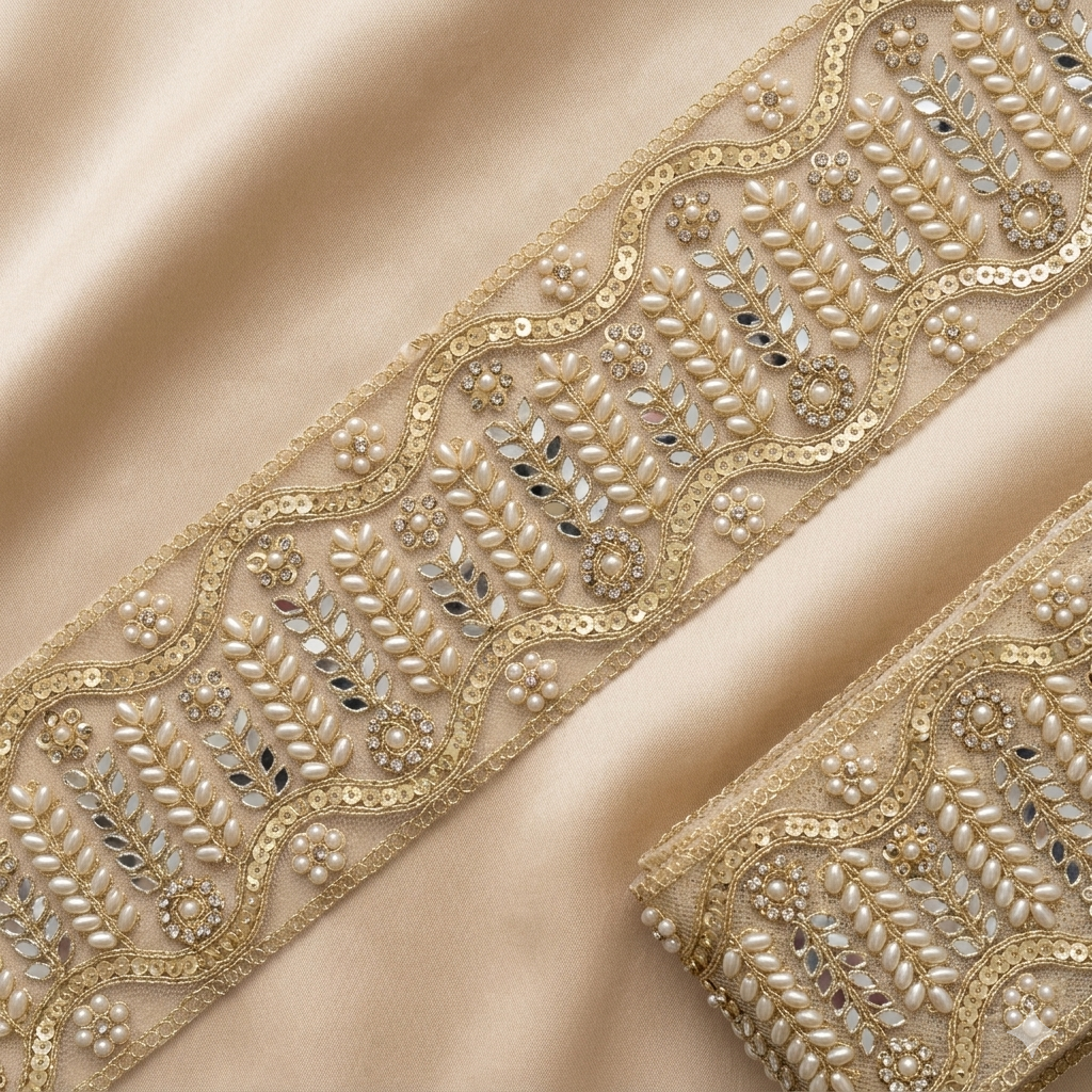 Ivory Gold Pearl Lace Border with Wavy Sequin & Leaf Embroidery for Bridal Wear