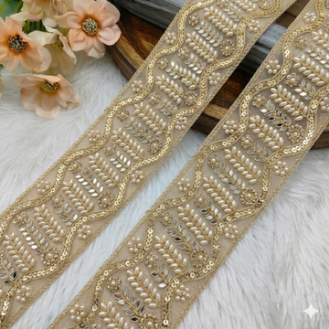 Ivory Gold Pearl Lace Border with Wavy Sequin & Leaf Embroidery for Bridal Wear