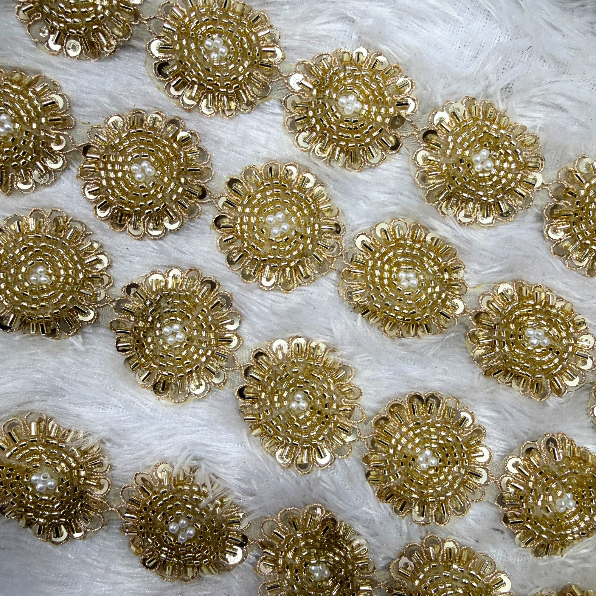 Gold Circular Bead & Sequin Patch Trim with Pearl Center for Bridal Wear