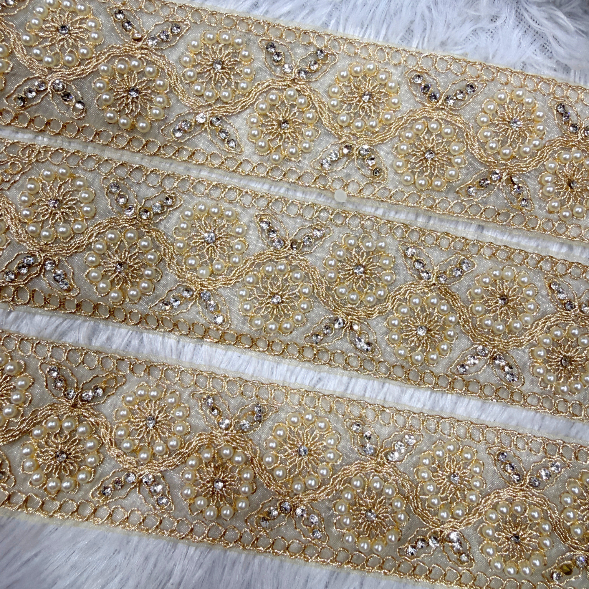 Gold Pearl Floral Embroidered Lace Border with Stone Work for Bridal Wear