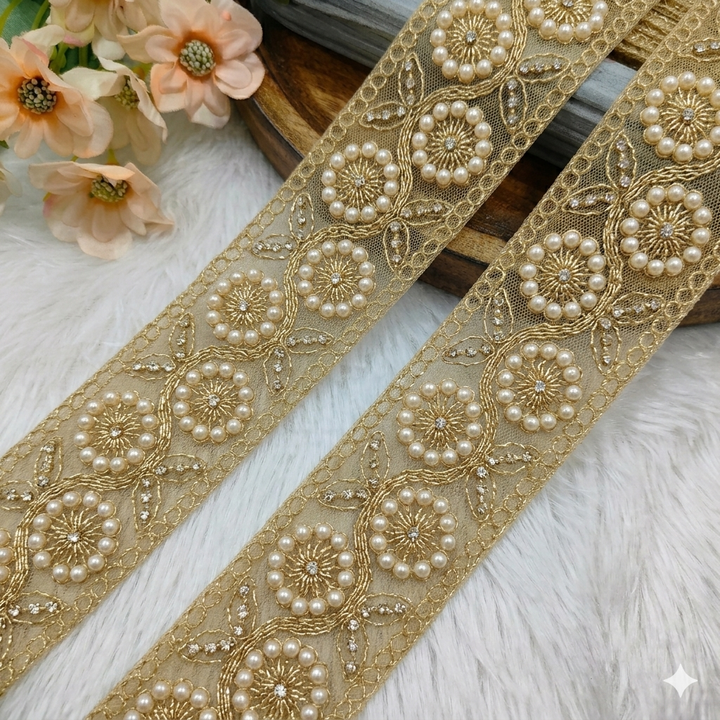 Handcrafted Pearl and Stone Embroidered Lace Border with Floral Motif Design