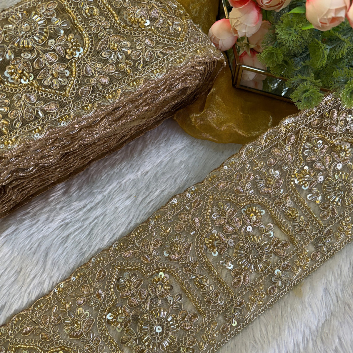 Floral Sequin and Bead Embroidered Wide Lace Border