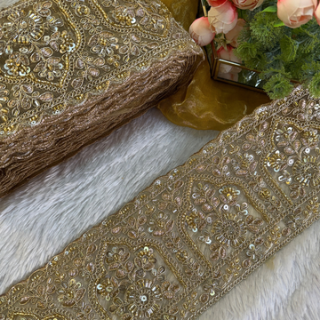 Floral Sequin and Bead Embroidered Wide Lace Border