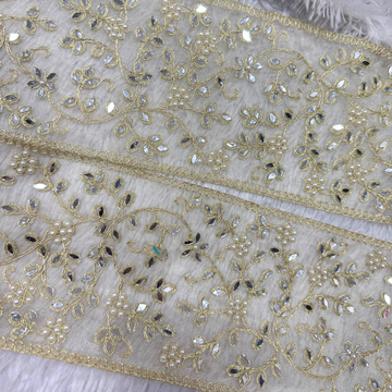 Ivory Gold Vine Embroidered Lace Border with Mirror & Pearl Work for Bridal Wear