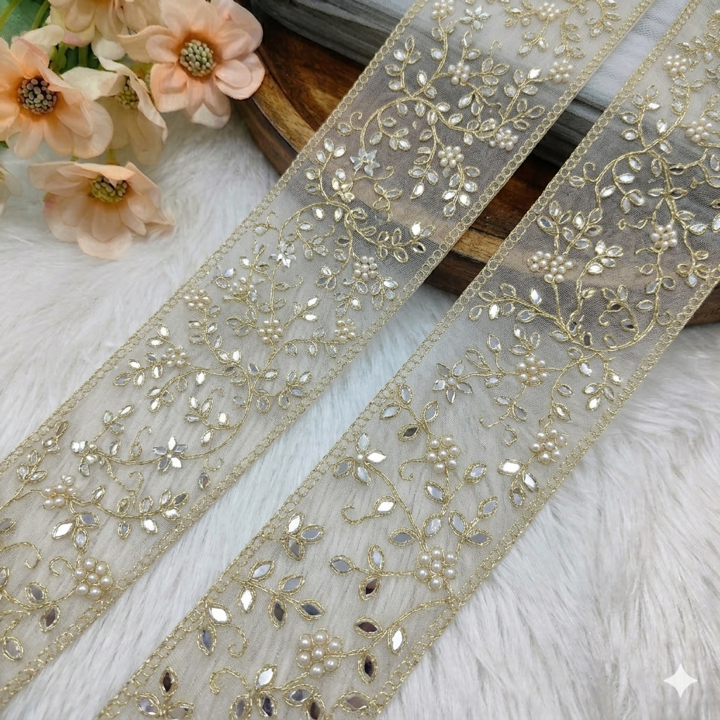 Handcrafted Mirror and Pearl Embroidered Lace Border with Floral Vine Design