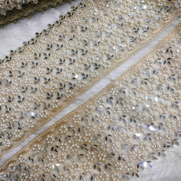 Rose Gold Work With Pearl & Mirror Embroidered Designer Lace Border