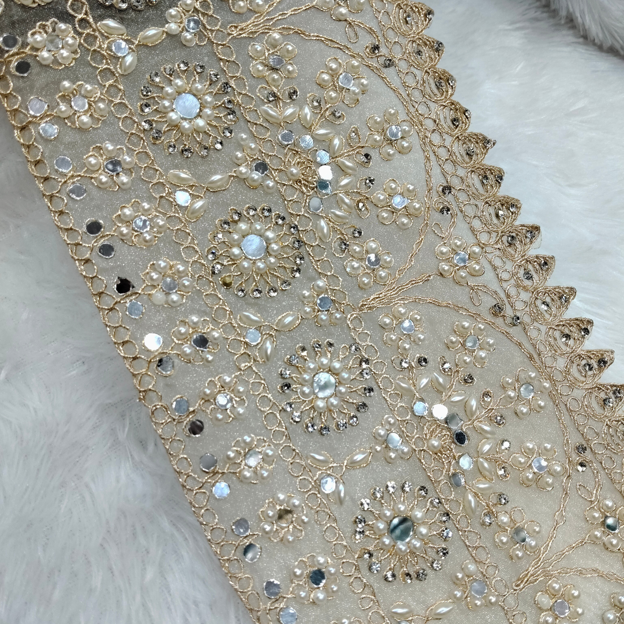 Ivory Gold Pearl Embroidered Lace Border with Floral Mirror & Stone Work for Bridal Wear