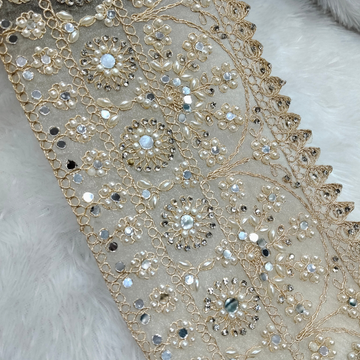Ivory Gold Pearl Embroidered Lace Border with Floral Mirror & Stone Work for Bridal Wear