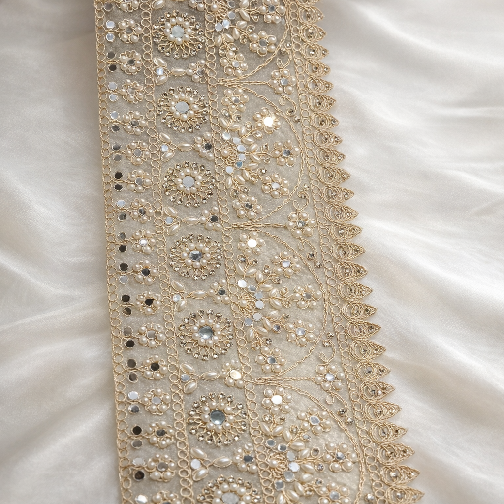 Ivory Gold Pearl Embroidered Lace Border with Floral Mirror & Stone Work for Bridal Wear