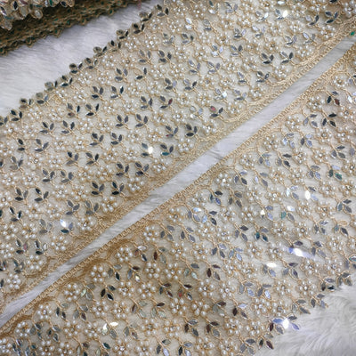 Rose Gold Work With Pearl & Mirror Embroidered Designer Lace Border