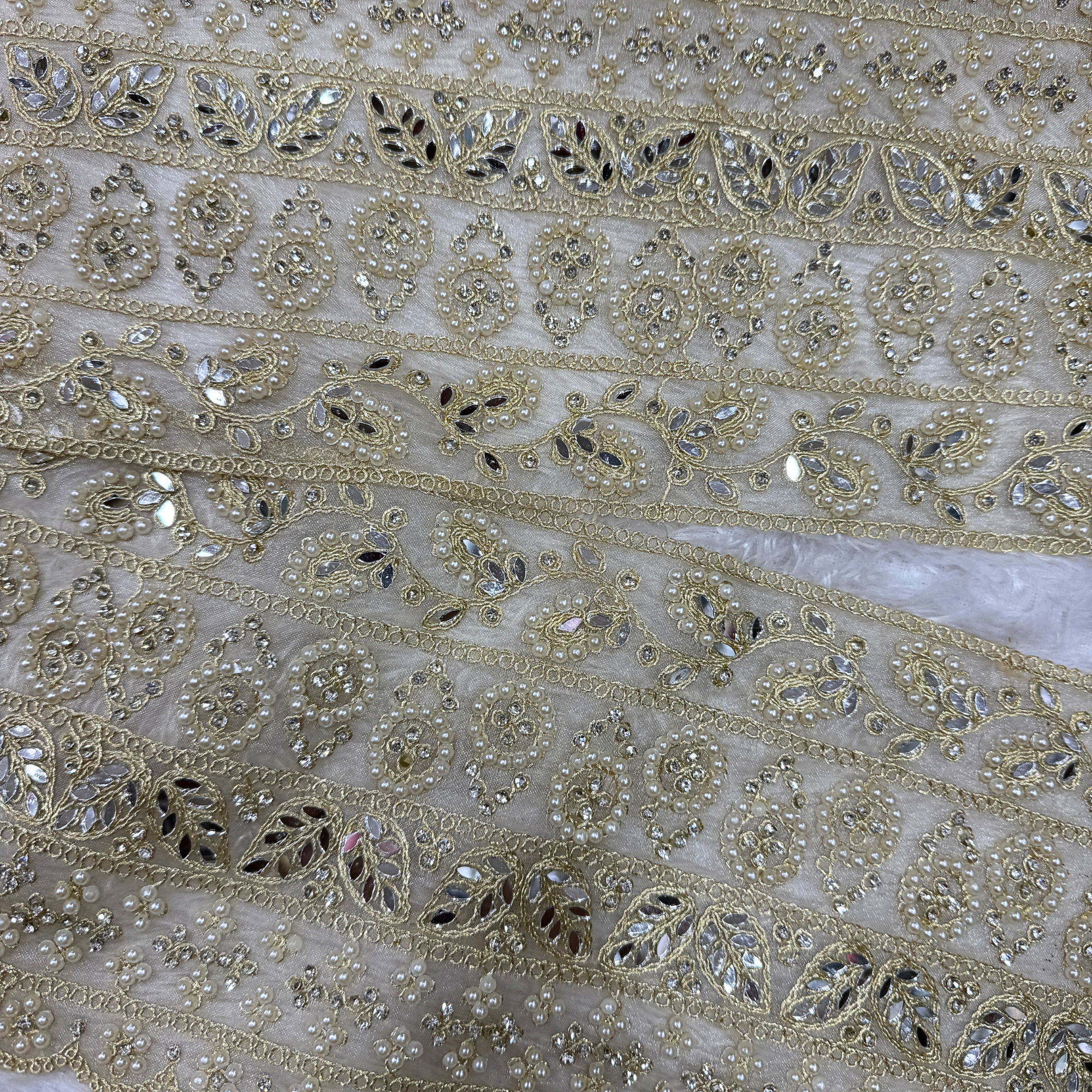 Pearl and Mirror Work Embroidered Lace Border for Bridal Designer Wear