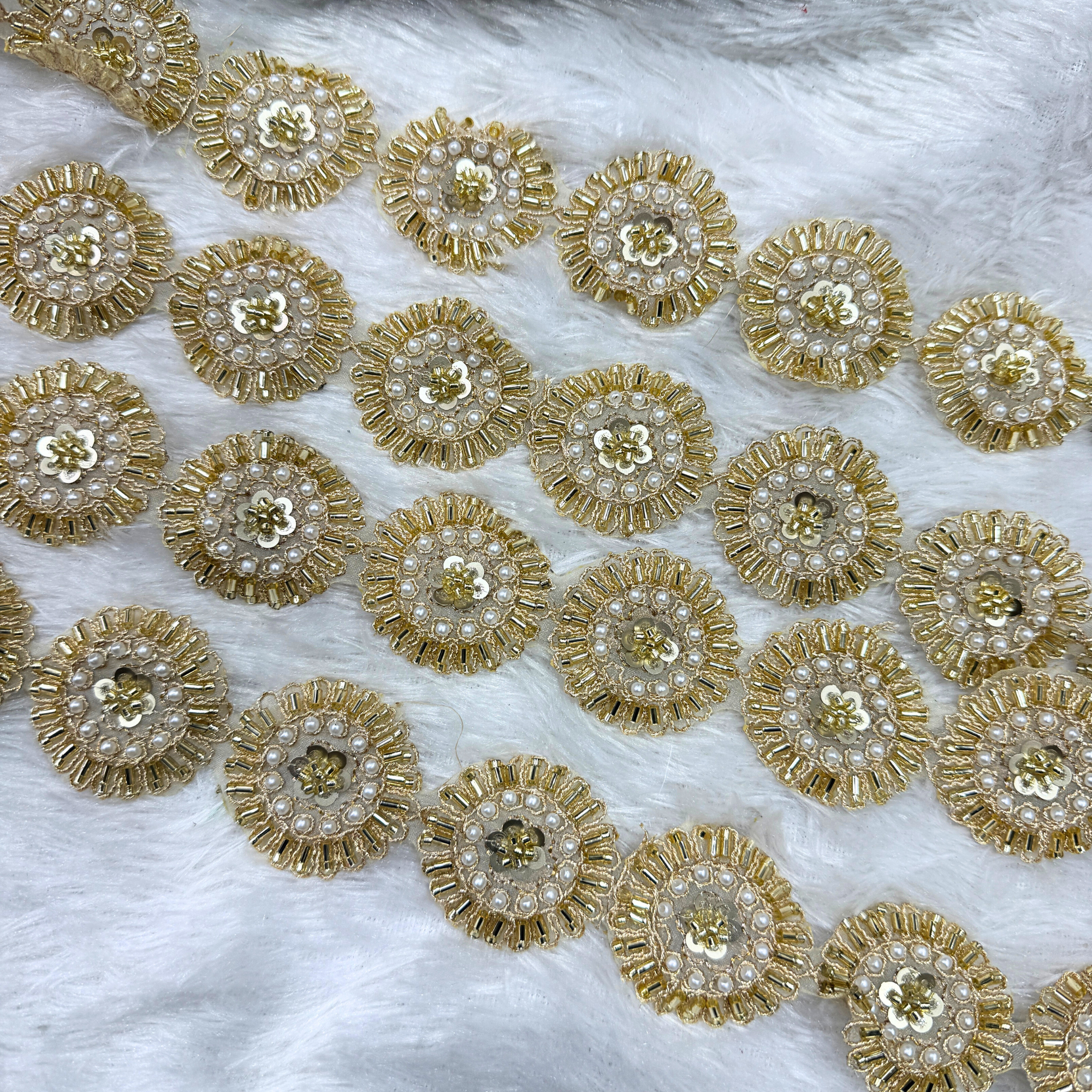 Round Pearl and Sequin Embroidered Lace Trim for Festive Designer Wear