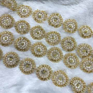 Round Pearl and Sequin Embroidered Lace Trim for Festive Designer Wear