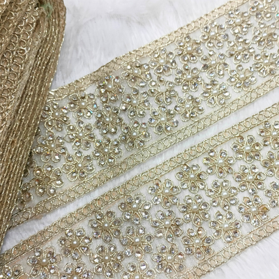 Stone & Pearl Floral Embroidered Lace Border for Bridal & Designer Wear