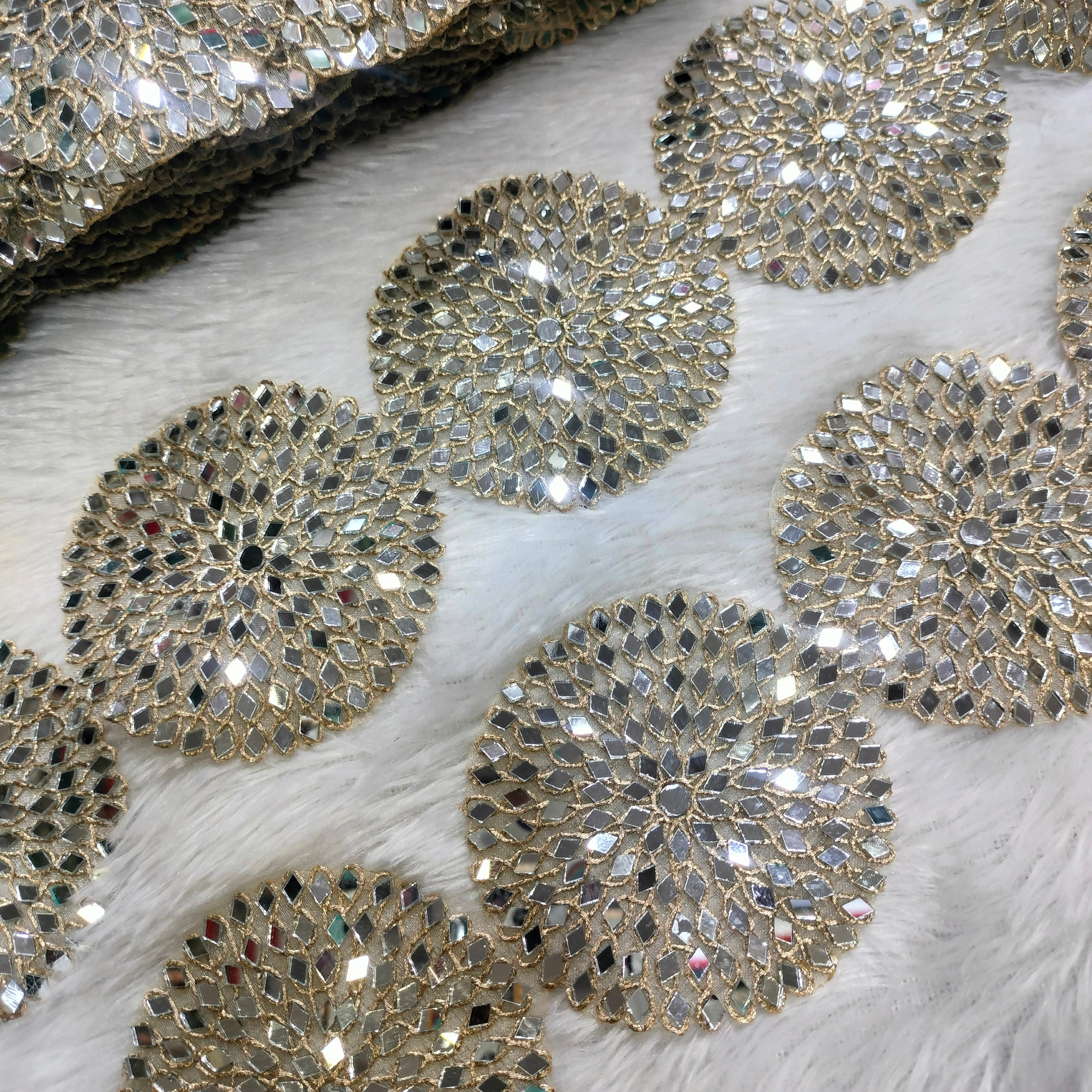 Round Mirror Work Motif Lace Trim for Bridal, Festive & Designer Wear