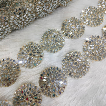 Round Mirror Work Floral Lace Trim for Bridal, Festive & Designer Wear