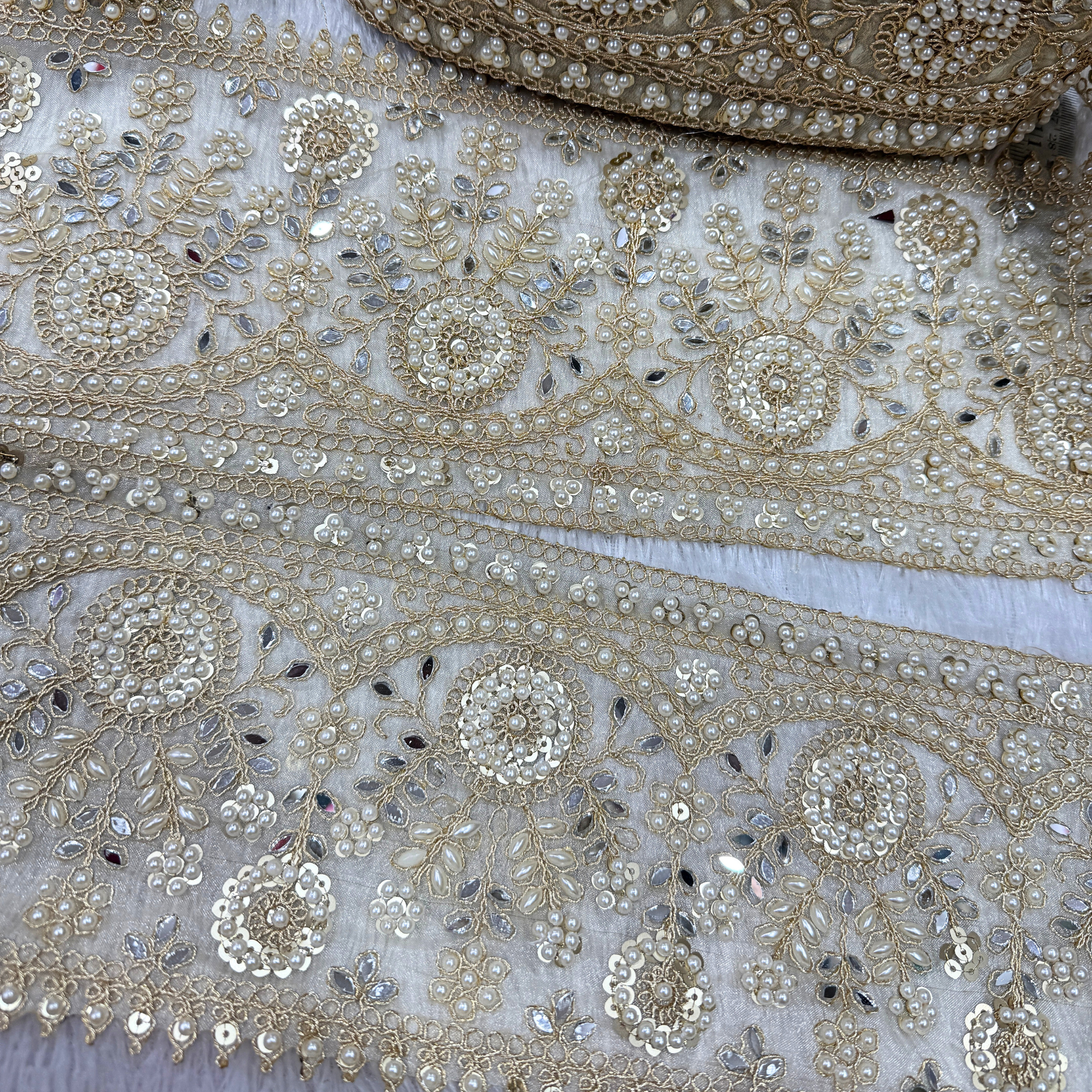 Handcrafted Pearl and Sequin Embroidered Lace Border with Ornate Floral Motifs