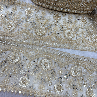 Handcrafted Pearl and Sequin Embroidered Lace Border with Ornate Floral Motifs