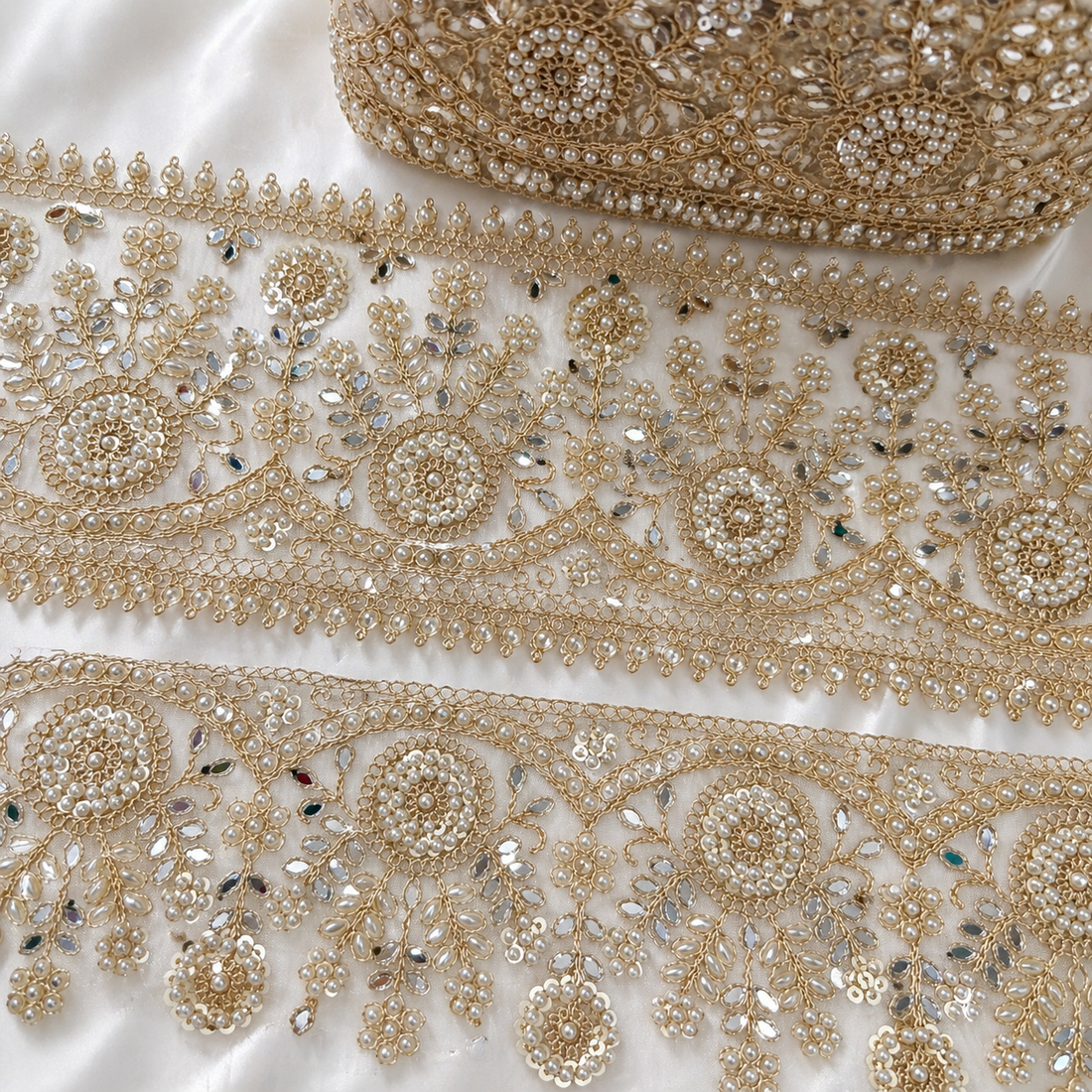 Handcrafted Pearl and Sequin Embroidered Lace Border with Ornate Floral Motifs