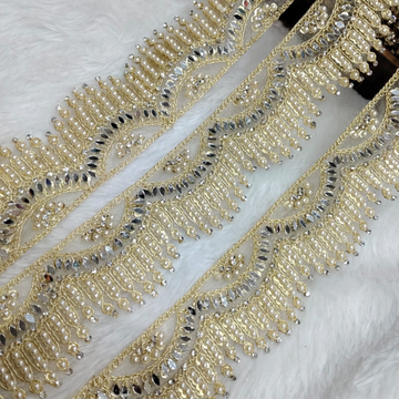 Pearl Fringe and Mirror Work Embroidered Lace Border for Bridal Wear