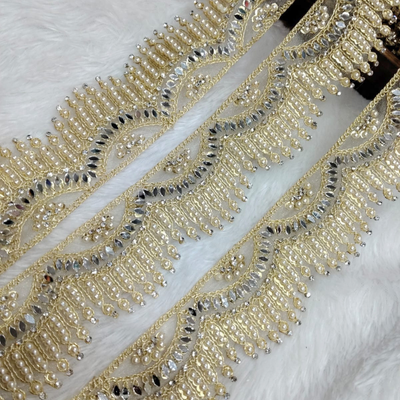 Heavy Pearl Fringe & Mirror Embroidered Statement Border Lace with Stone Detailing