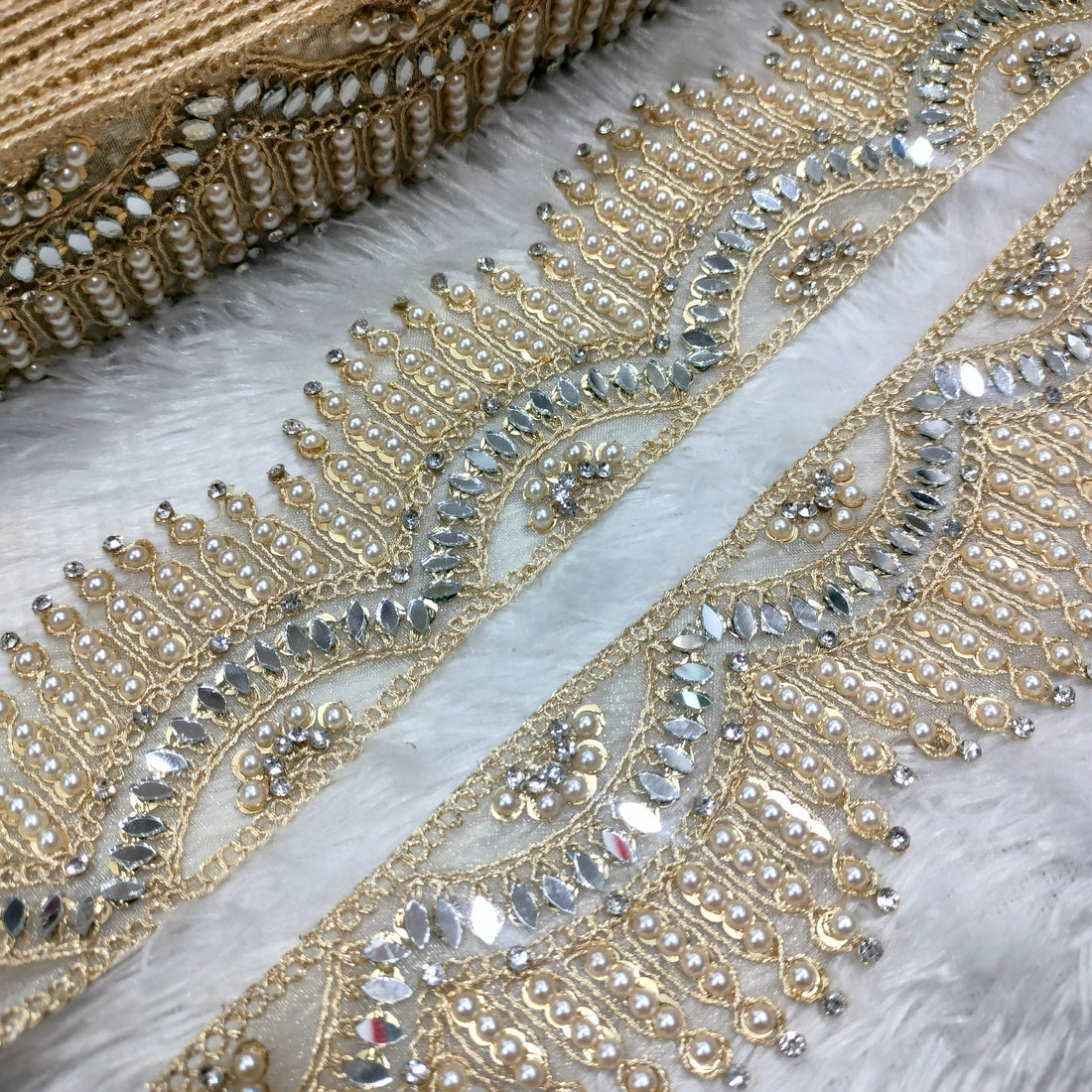 Pearl Fringe and Mirror Work Embroidered Lace Border for Bridal Wear