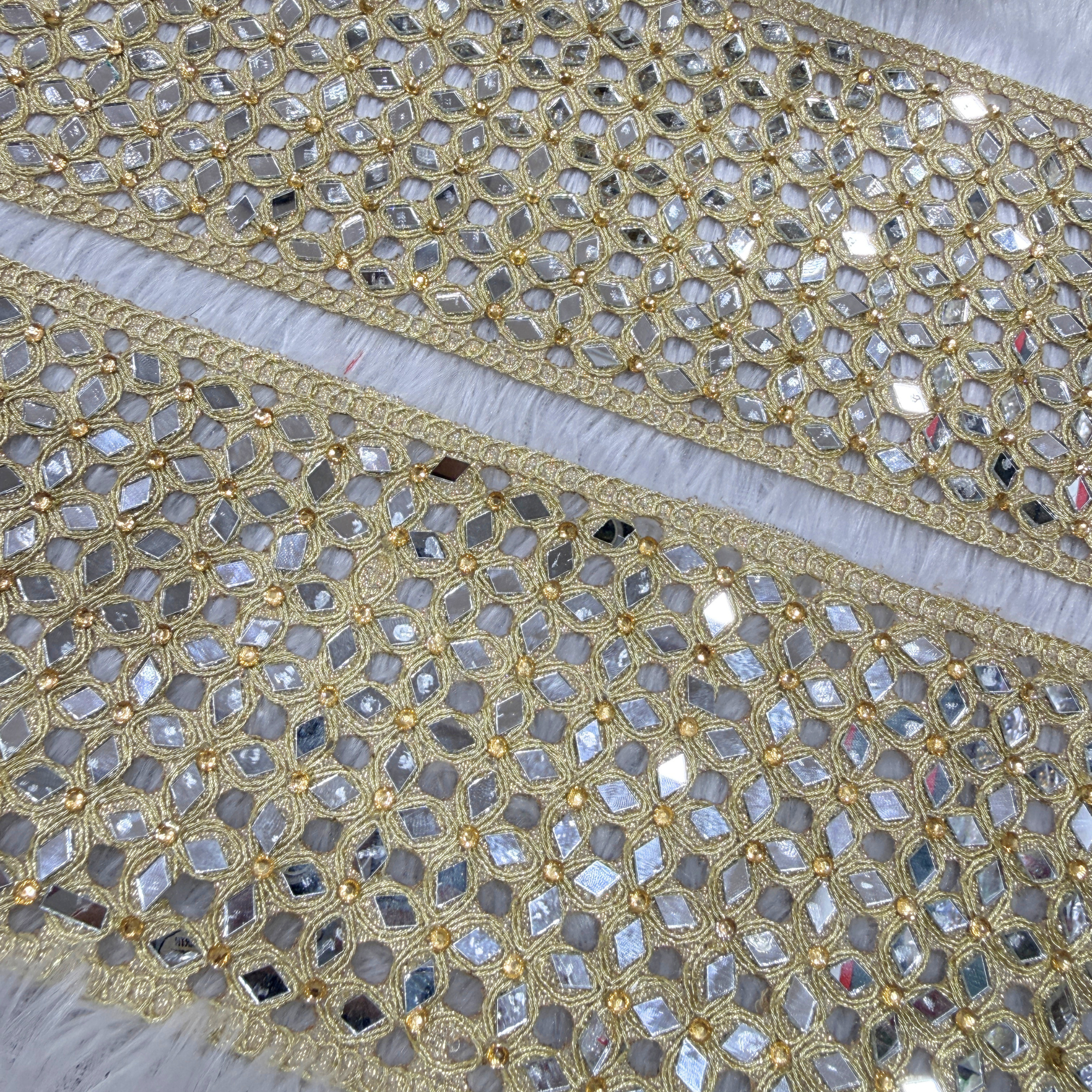 Geometric Mirror Work Embroidered Lace Border for Bridal Designer Wear