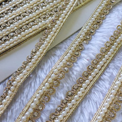 Pearl & Stone Embroidered Border Lace with Metallic Detailing