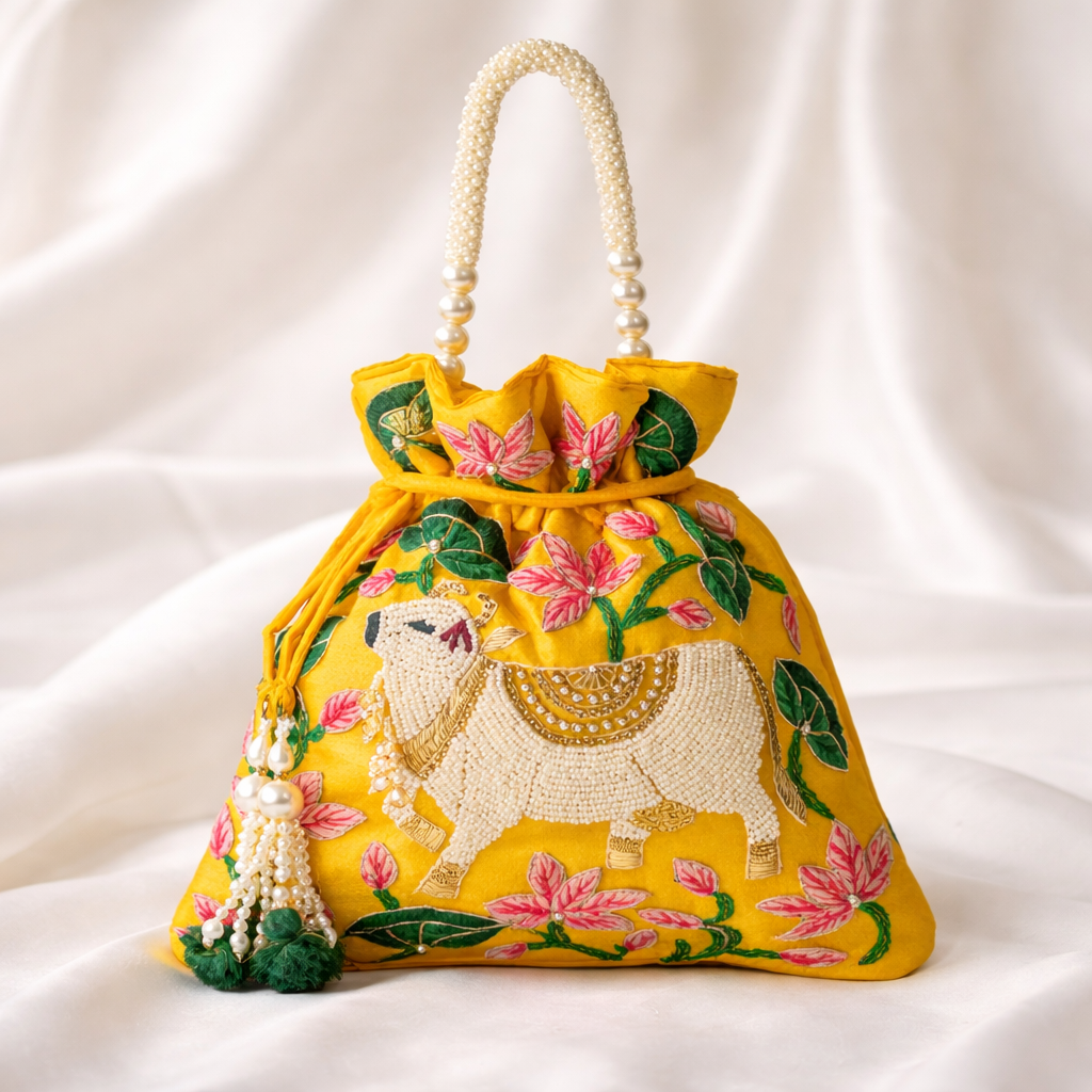Yellow Lotus Cow Embroidered Potli