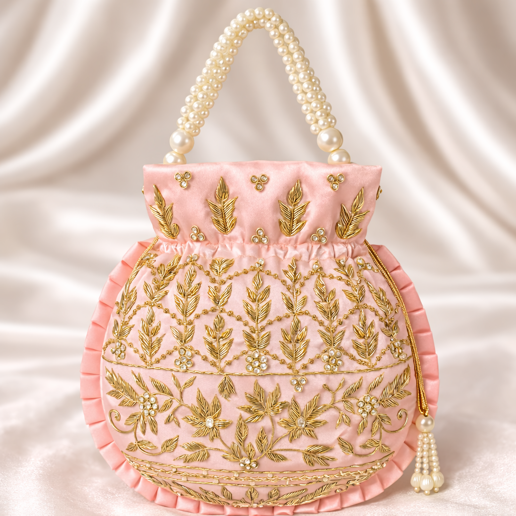 Peach Pink Embroidered Potli