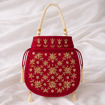 Maroon Golden Bloom Potli Bag