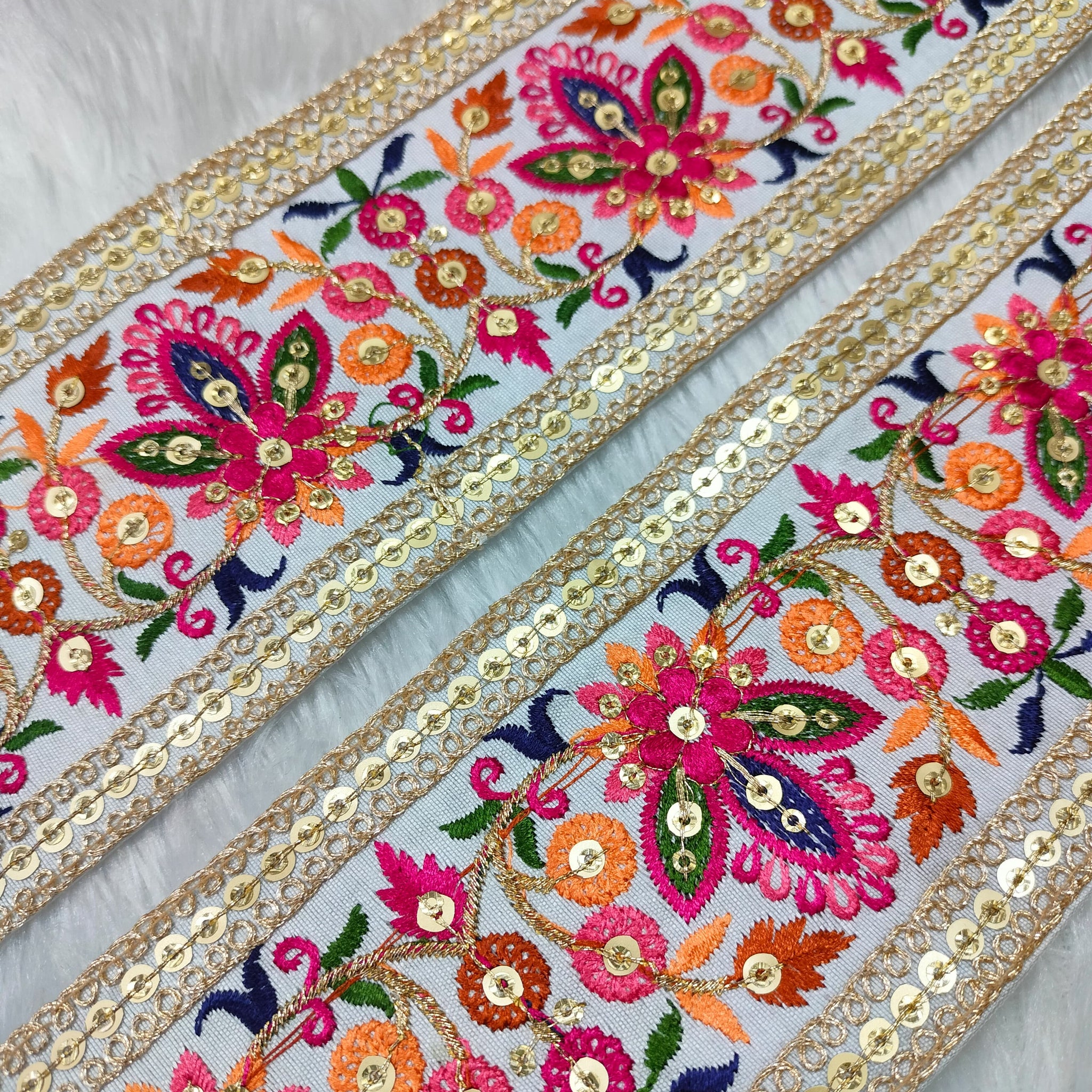 Multicolor Embroidered White Trim