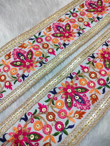 Multicolor Embroidered White Trim