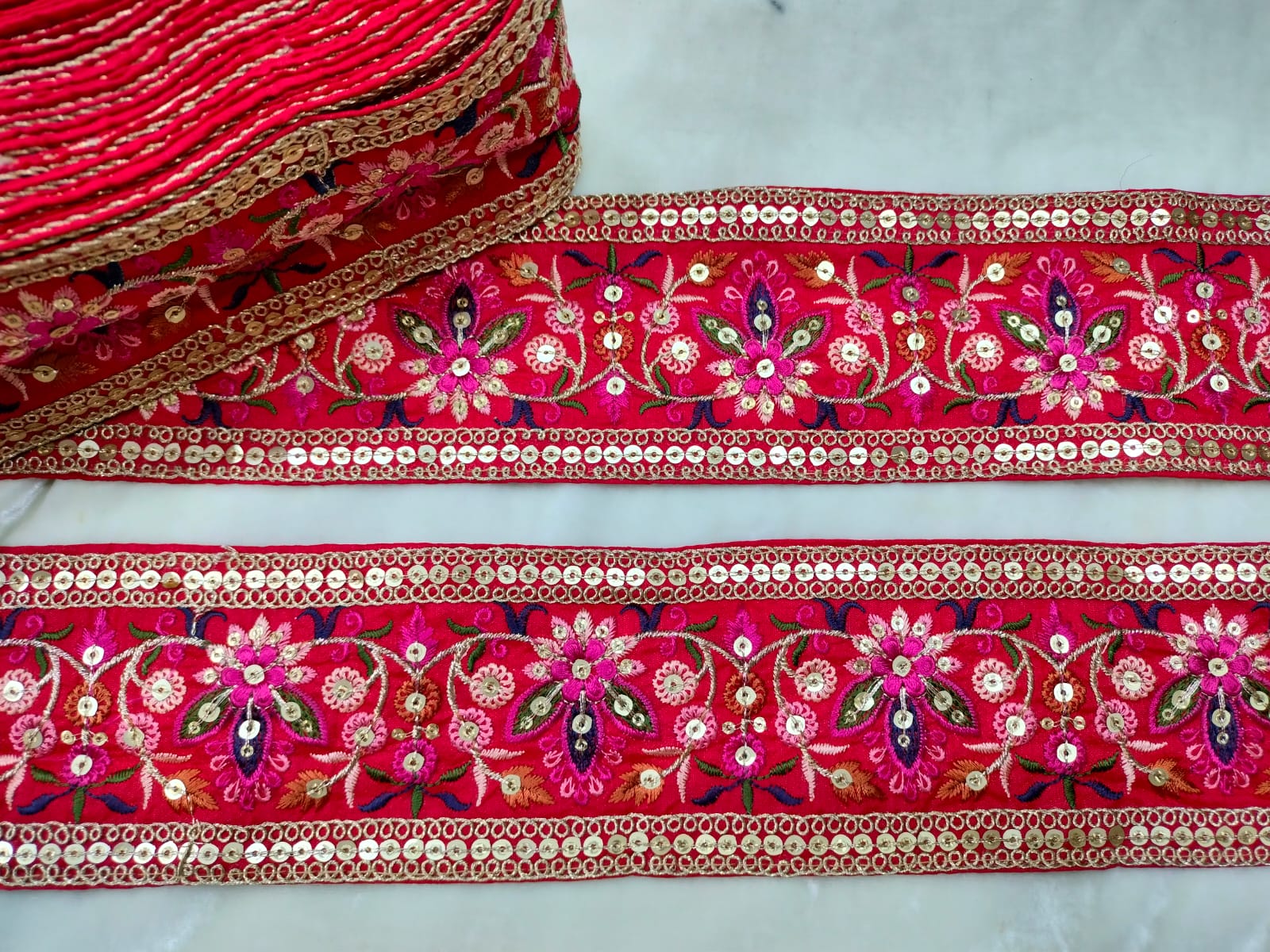 Multicolor Embroidered Red Trim