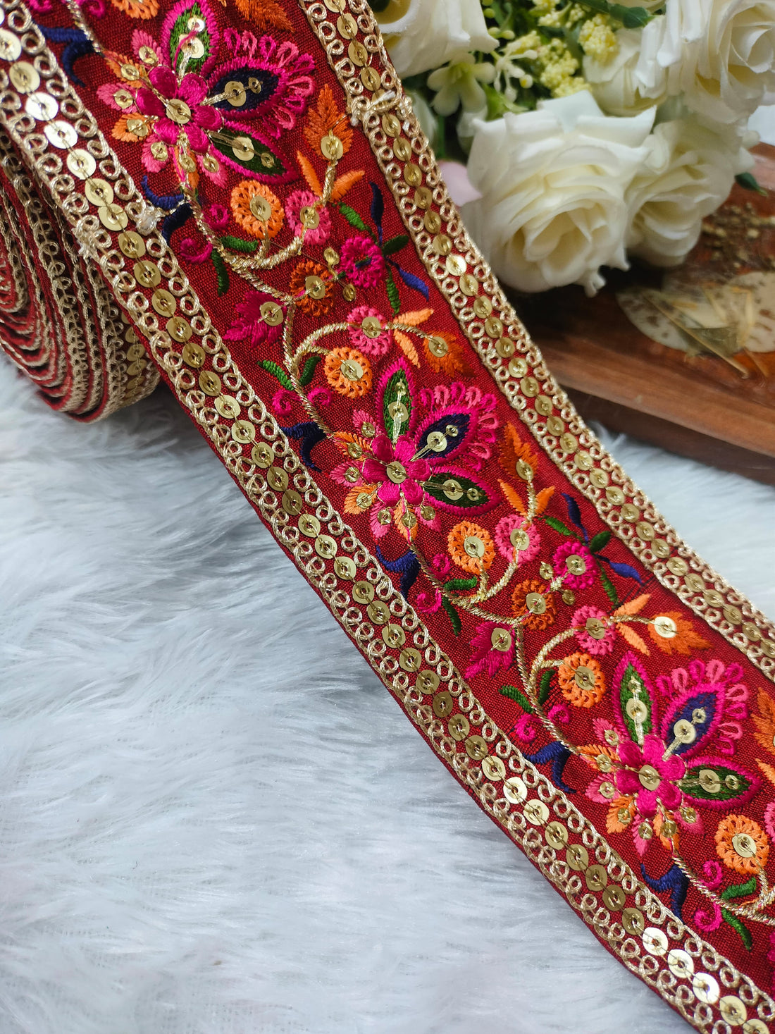 Multicolor Embroidered Maroon Trim