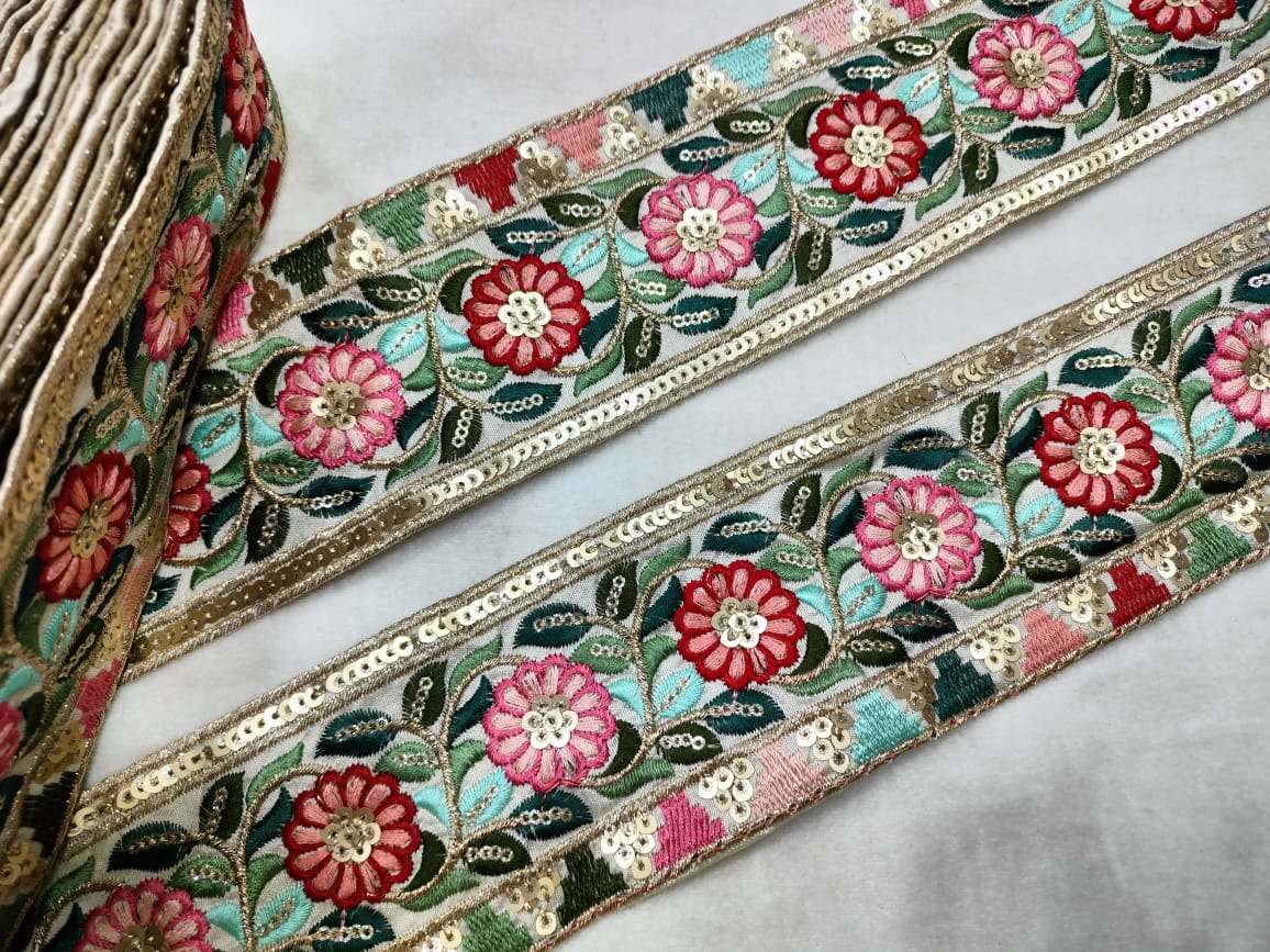 Elegant Beige Multicolor Embroidery Trim