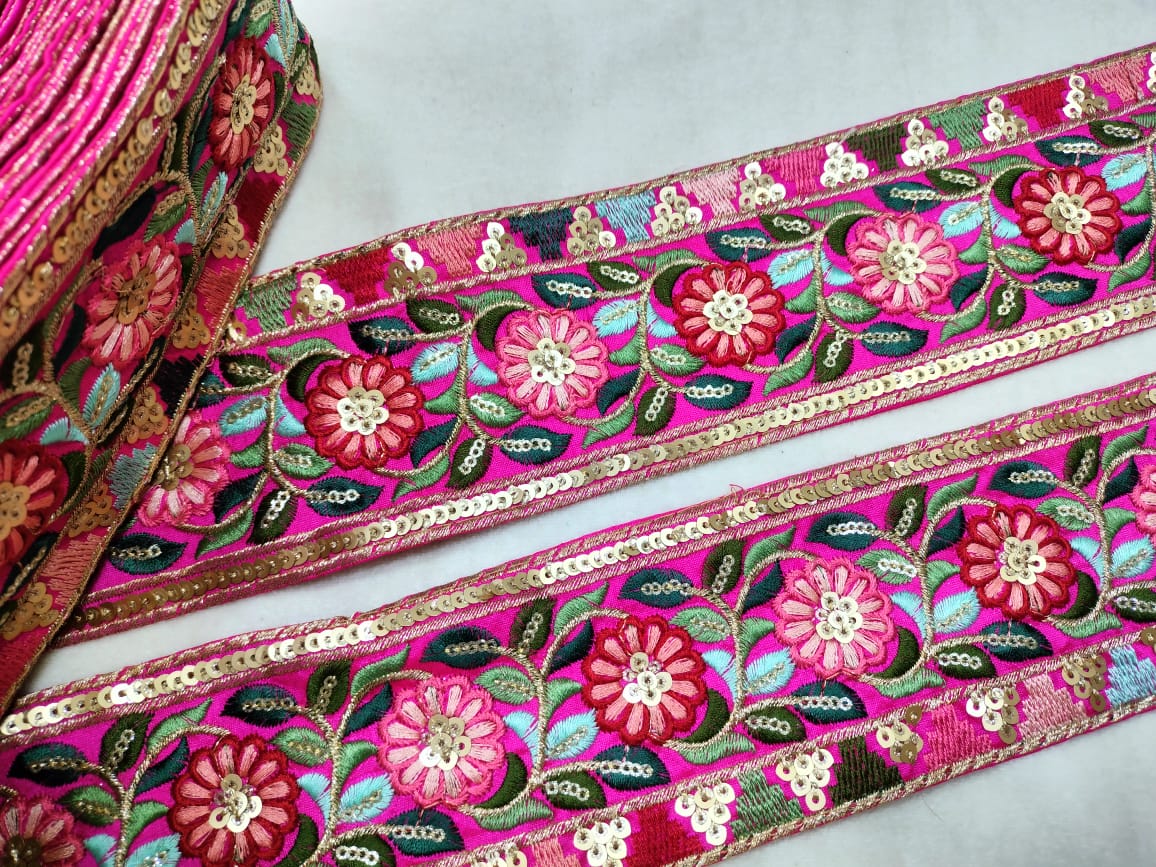 Vibrant Pink Multicolor Embroidery Trim