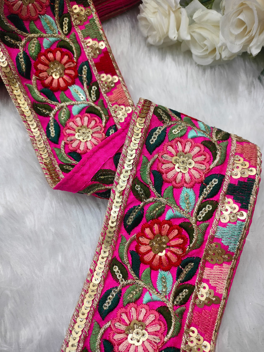 Vibrant Pink Multicolor Embroidery Trim