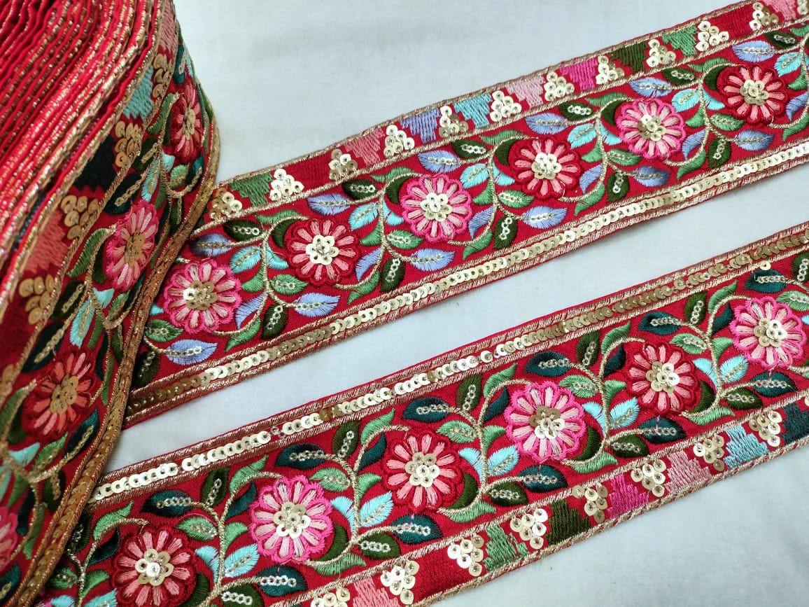 Bold Bright Red Multicolor Embroidery Trim