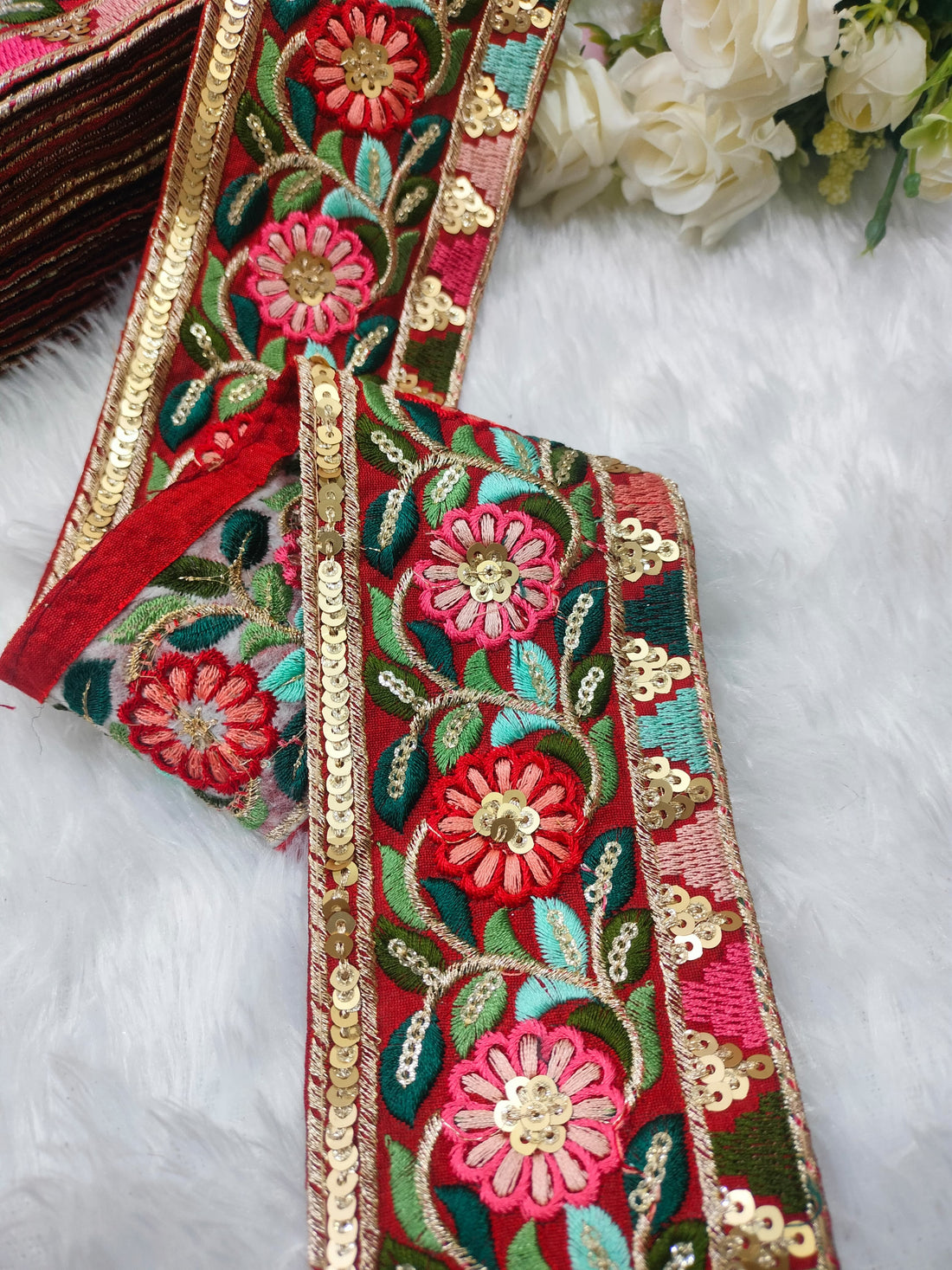 Bold Bright Red Multicolor Embroidery Trim