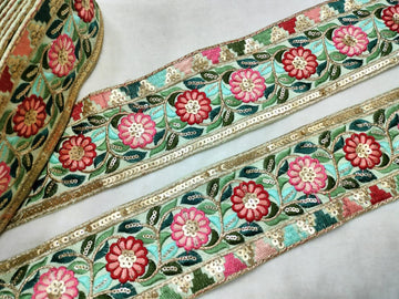 Vibrant Mint Green Multicolor Embroidery Trim