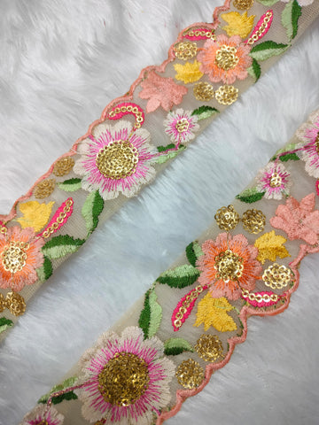 Delicate Floral Multicolor Embroidery Trim