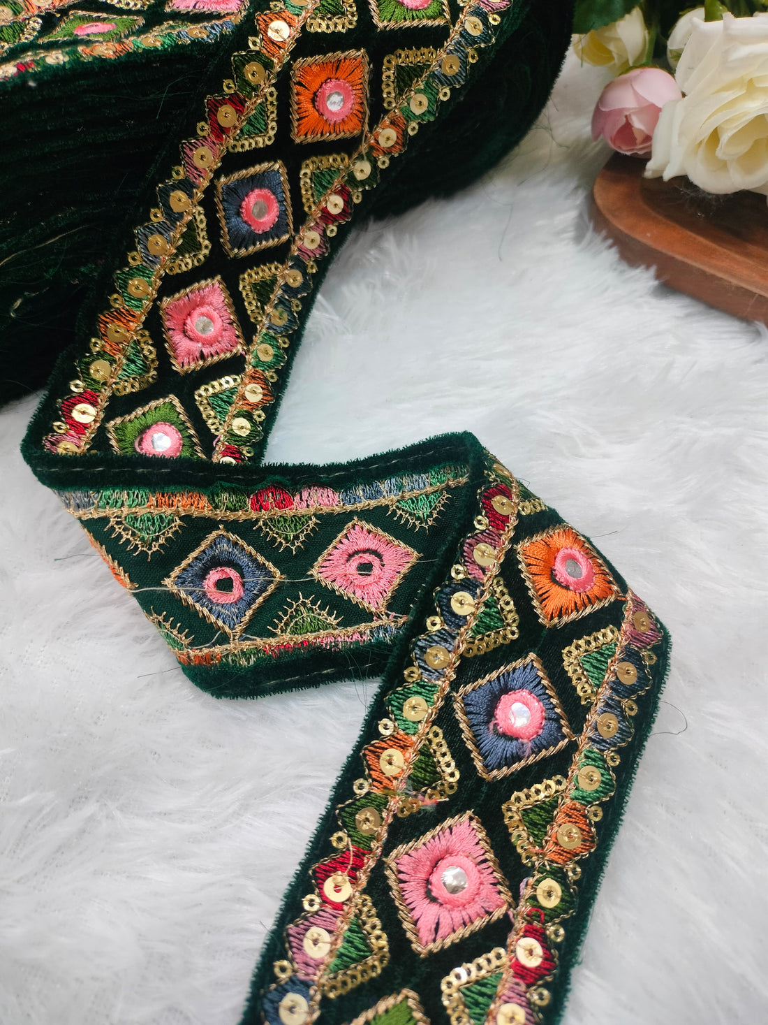 Vibrant Green Multicolor Embroidery Trim