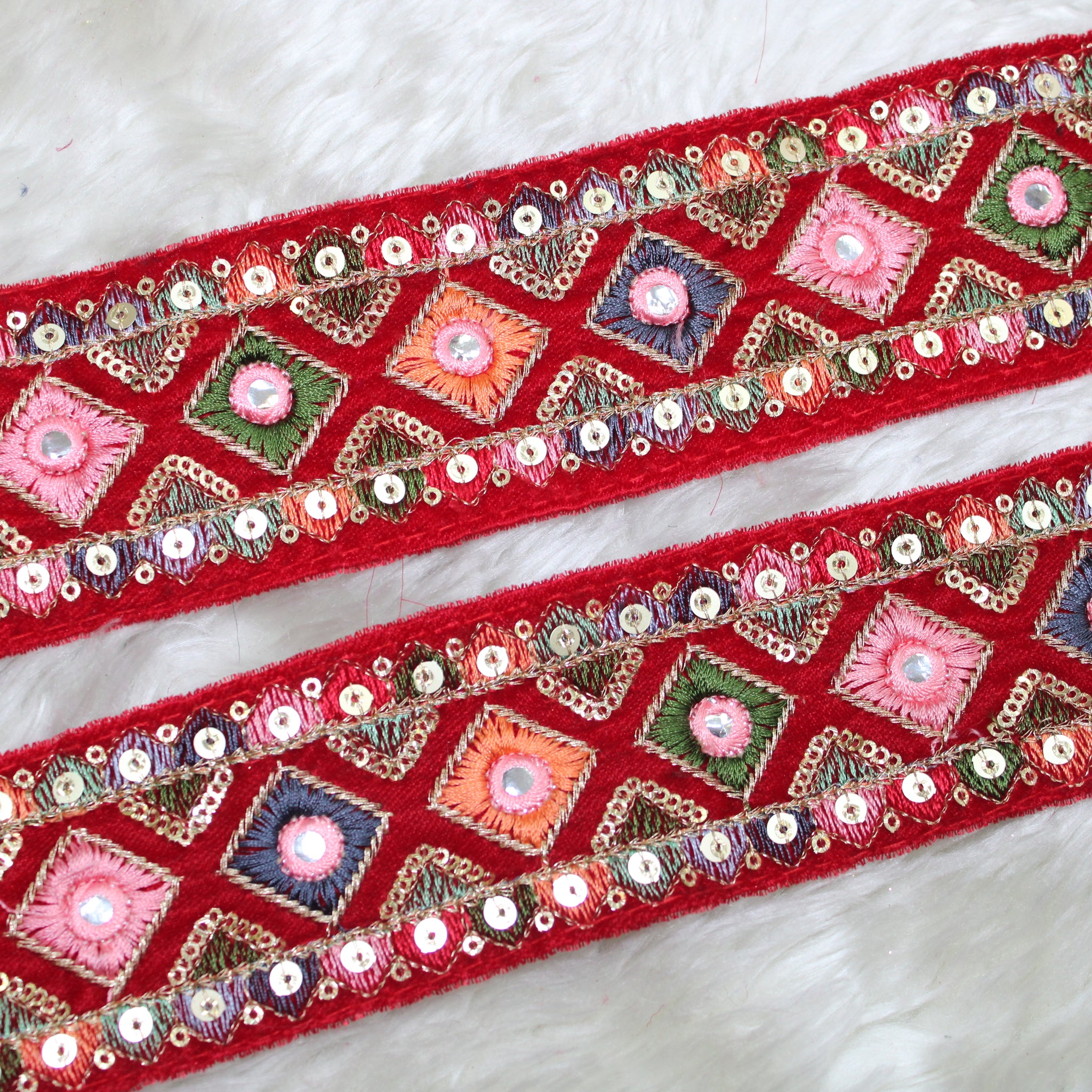 Vibrant Red Multicolor Embroidery Trim