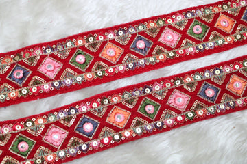 Vibrant Red Multicolor Embroidery Trim