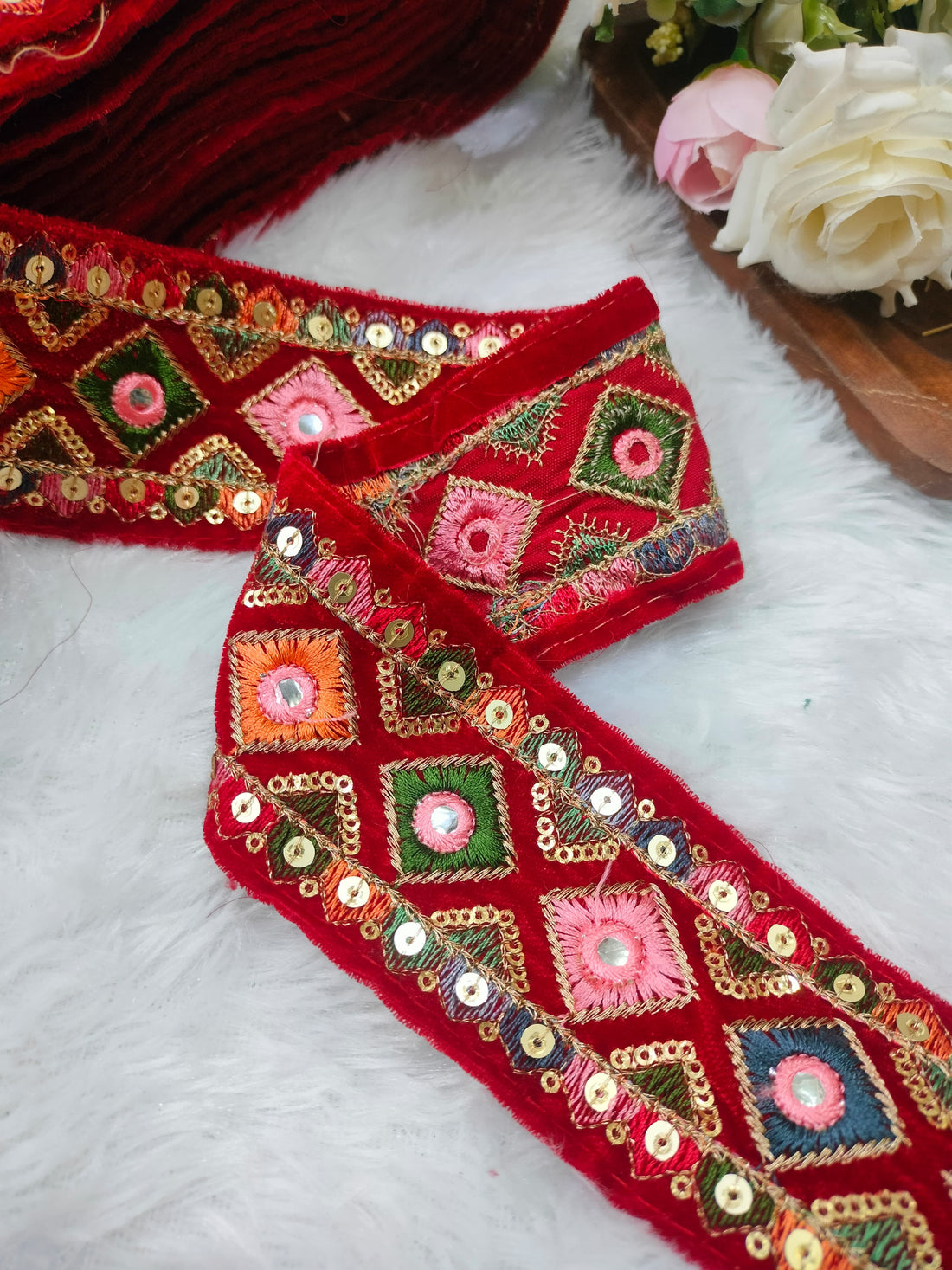 Vibrant Red Multicolor Embroidery Trim