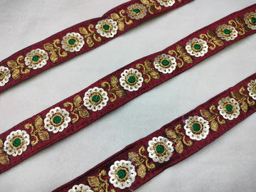 Elegant Maroon Floral Sequin Trim